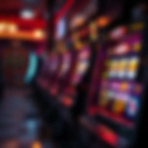 A close-up view of a slot machine in a dimly lit bar, showing bright lights and symbols on the screen with coins beside it.