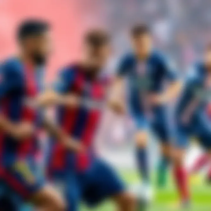 Barcelona and PSG Players in Action Barcelona and PSG football players exchanging strategies during a transfer negotiation