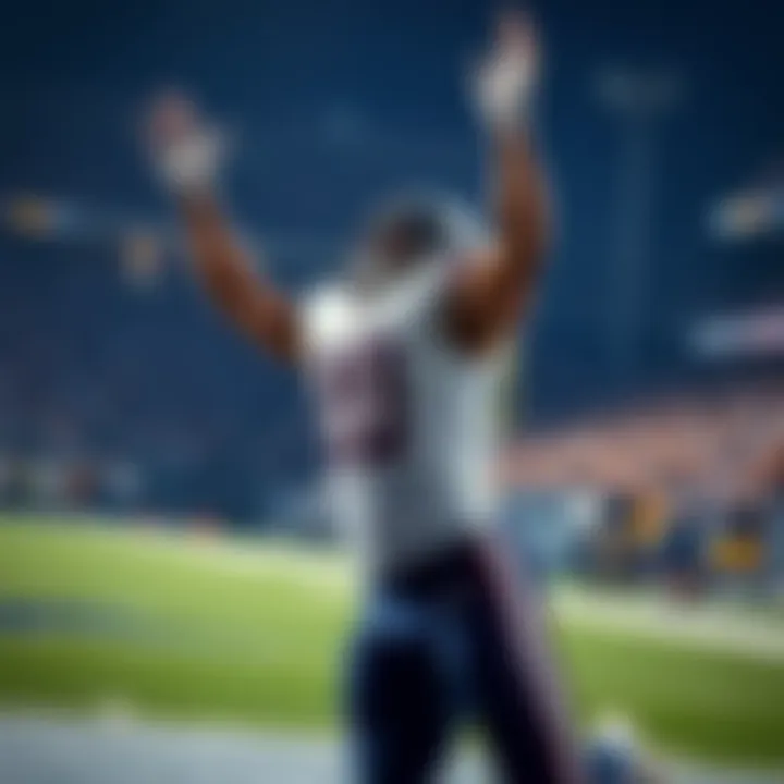 Barkley Scoring a Touchdown Barkley in action on the field, celebrating after scoring a touchdown, with fans cheering in the background.