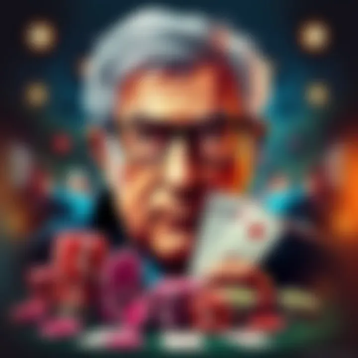 A portrait of Barney Frank with poker chips and cards around him, symbolizing his influence in online poker legalization.