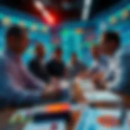 A group of baseball cappers discussing strategies at a table with sports betting materials and charts