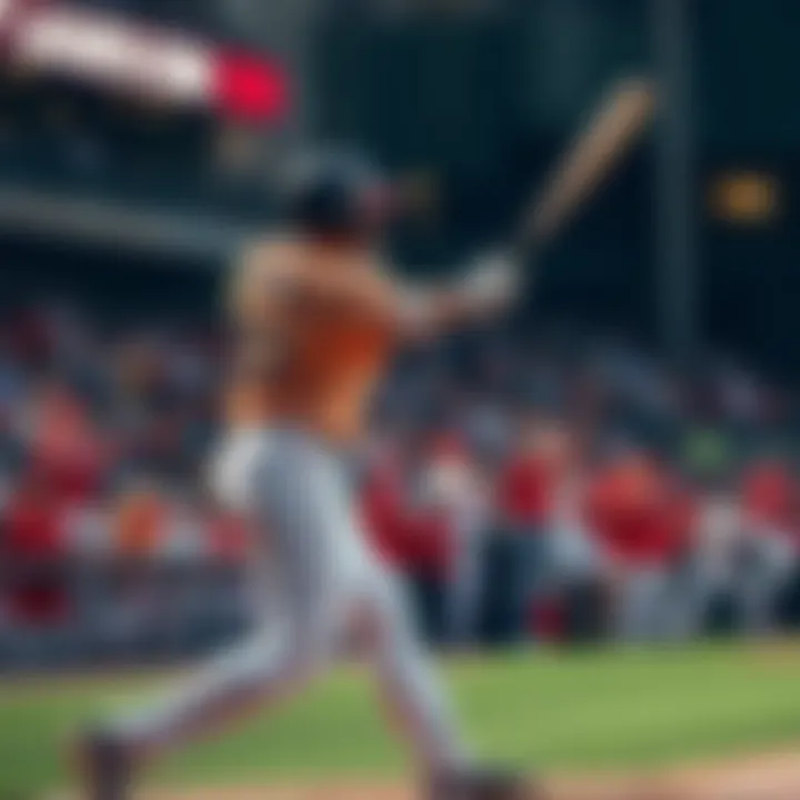 A baseball player swings a bat to hit a home run during a game, with cheering fans in the background.