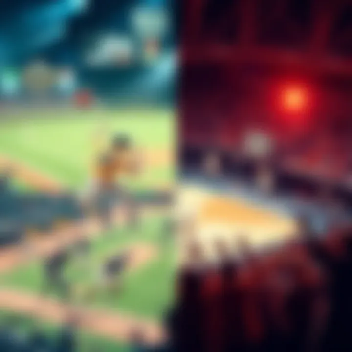 A collage showing a baseball diamond and a basketball court, featuring players in action and enthusiastic fans cheering.