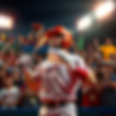 A baseball player holding a bat with a betting slip in hand, surrounded by cheering fans and baseball gear