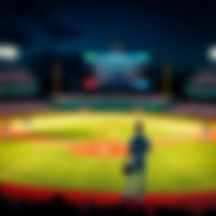 A baseball field with players warming up and betting odds displayed on a screen in the background.