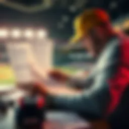 A person analyzing baseball stats and betting slips at a table, focusing on winning strategies