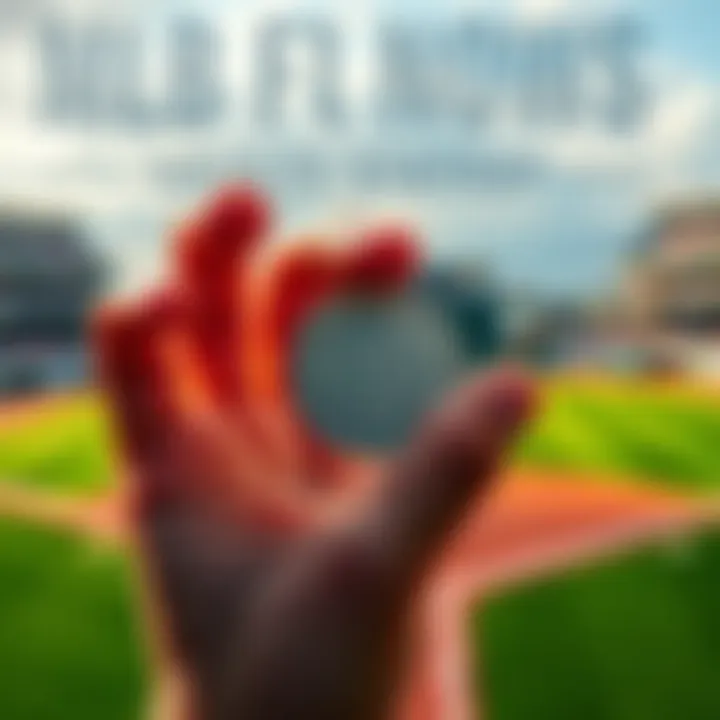 A hand holding a 20-cent coin with a baseball field in the background, symbolizing small bets in Major League Baseball.