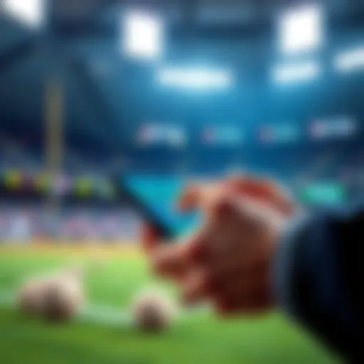 Baseball Betting Strategy A close-up of a hand placing bets on baseball games with a smartphone, surrounded by baseballs and a stadium background.