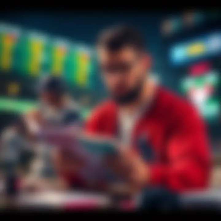 A baseball gambler reviewing picks and stats for betting on games.