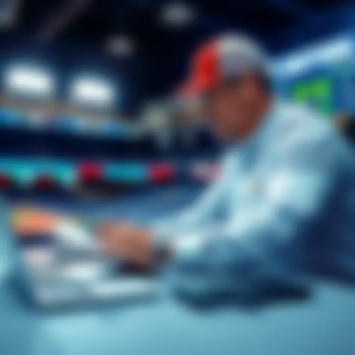 A baseball bettor analyzing statistics and making a wager on a game, with a notepad and laptop in front of them