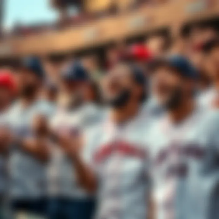 Baseball Fans Cheering A group of enthusiastic baseball fans wearing team jerseys, cheering joyfully at a game.