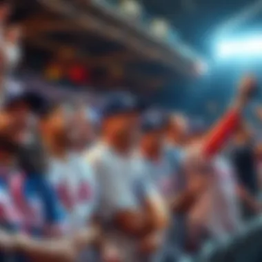 A group of diverse baseball fans wearing team jerseys, cheering in a stadium filled with excitement and team colors, ready for the MLB season.