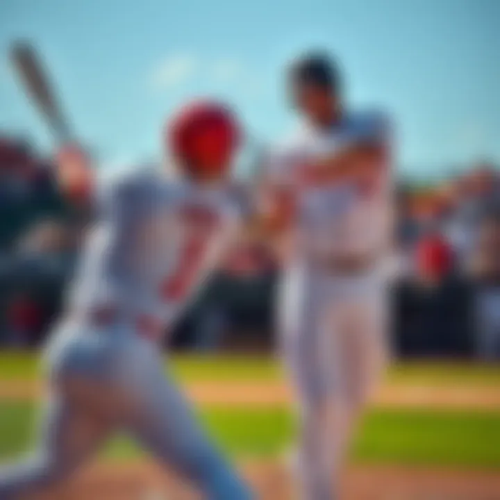 Two baseball players swinging bats during a game, one making contact with the ball as spectators cheer.