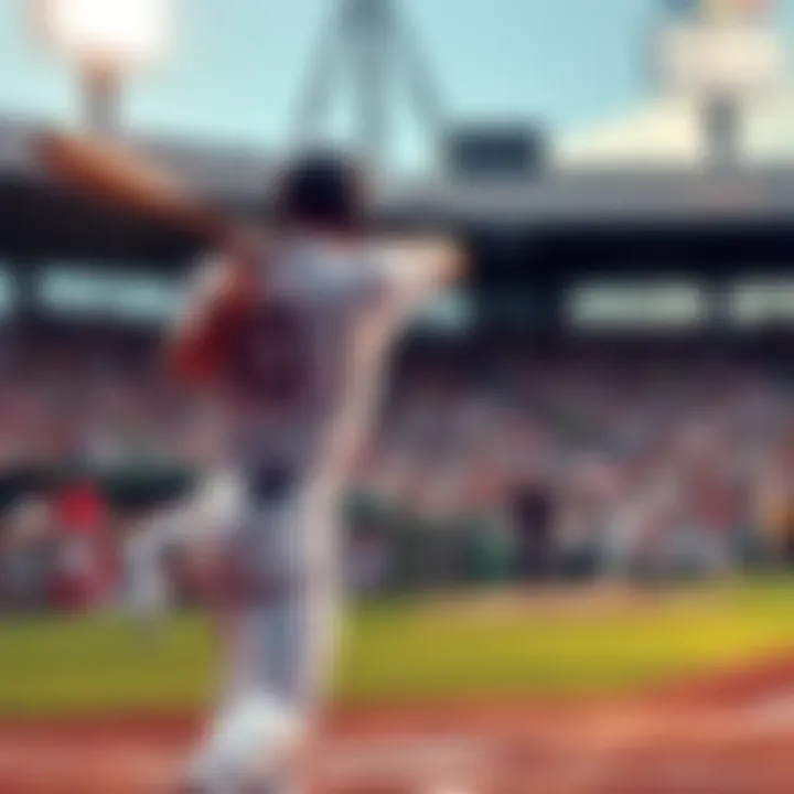 Baseball player swings at bat, hitting a home run during a game against a pitcher