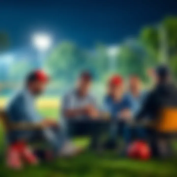 A group of friends enjoying a baseball pick 'em game at a park, discussing strategies and sharing success stories, with baseball gear around them