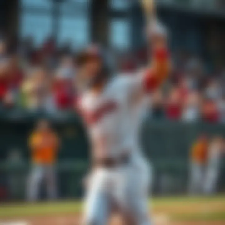 A baseball player joyfully celebrating after hitting a home run, with fans cheering in the background.