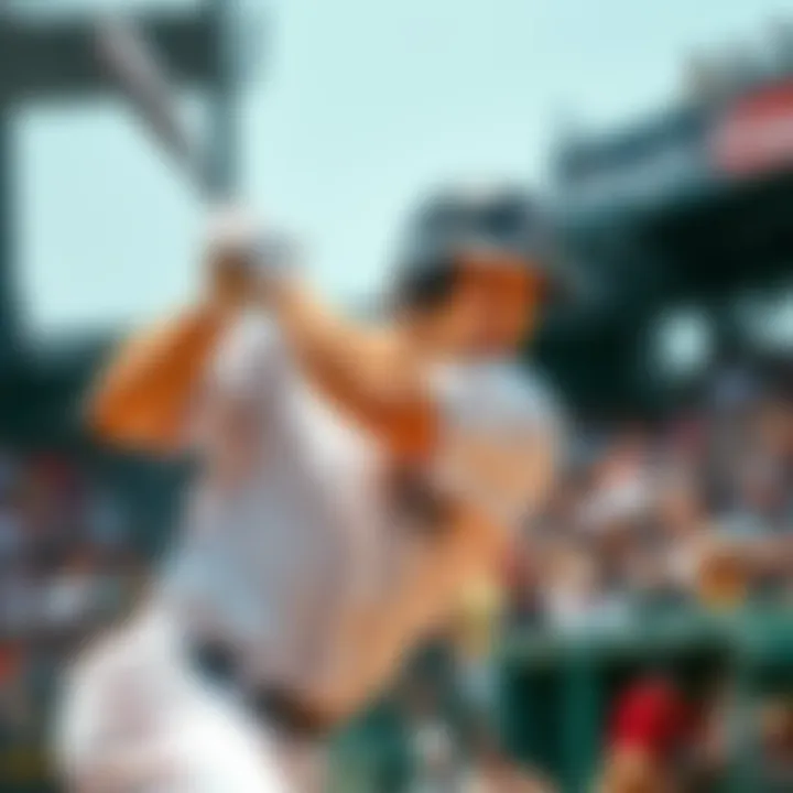 A baseball player in mid-swing with a focused expression, aiming for a home run during a game.