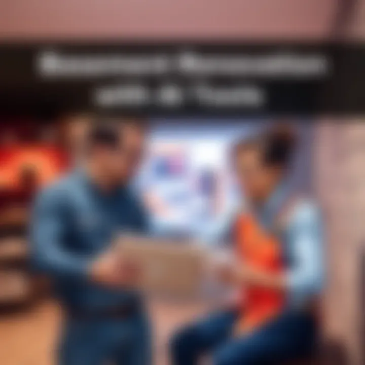 Basement Renovation with AI Tools A homeowner and a contractor discussing basement renovation plans with a laptop showing AI design tools.