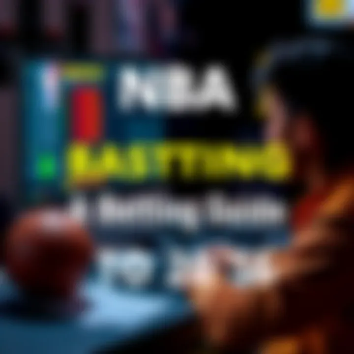 A person analyzing basketball stats and odds on a computer with betting slips and a basketball nearby.