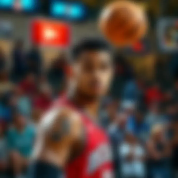 A basketball player looks disappointed after missing a free throw during a game, with fans reacting in the background