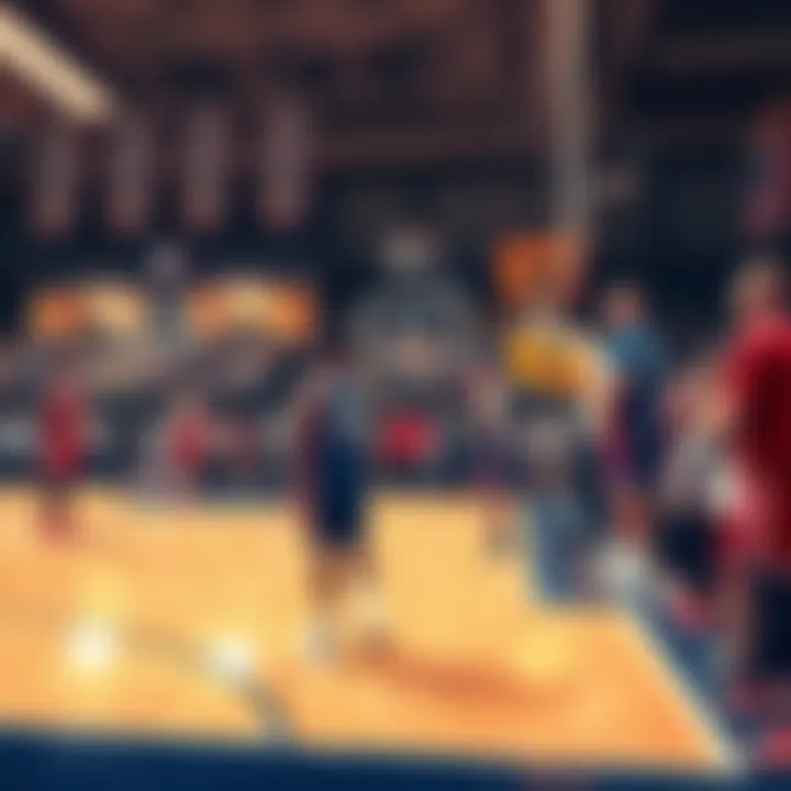 A basketball court showing players confused by unclear game rules, with fans looking on in bewilderment.