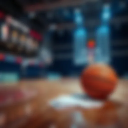 A basketball court with betting slips and a basketball in focus, representing NBA betting insights.