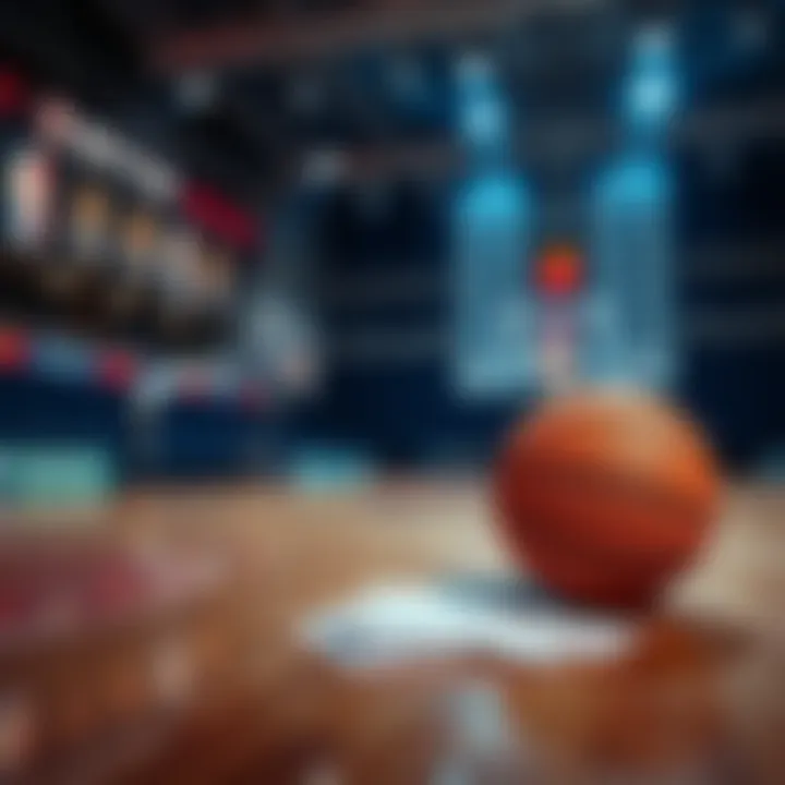 A basketball court with betting slips and a basketball in focus, representing NBA betting insights.