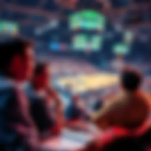 Fans watching a basketball game while analyzing betting odds and placing bets