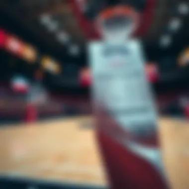 A close-up of a sports betting slip showing basketball props for the finals with a basketball court in the background