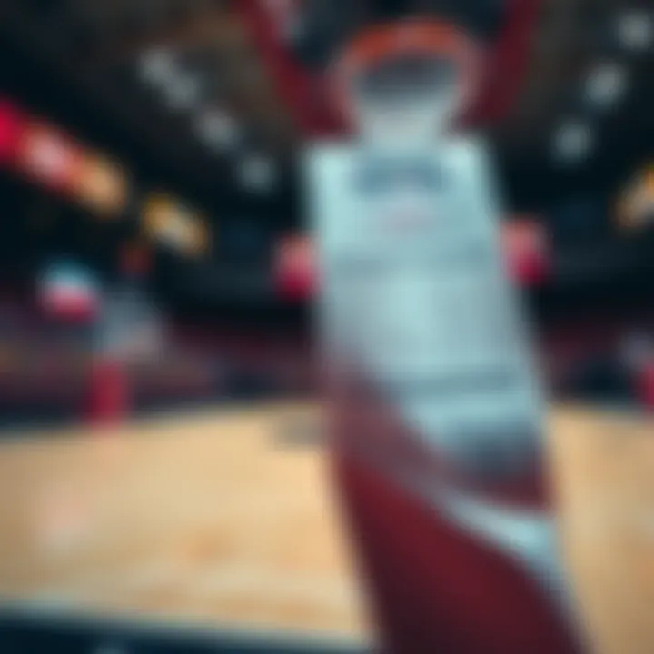 A close-up of a sports betting slip showing basketball props for the finals with a basketball court in the background