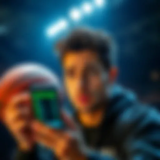 A person looking worried while checking basketball betting odds on a smartphone with a basketball in the background.