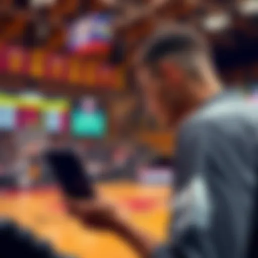 A basketball court with betting odds displayed on a screen, showing a focused bettor analyzing information before placing bets on CBB Opening Day.