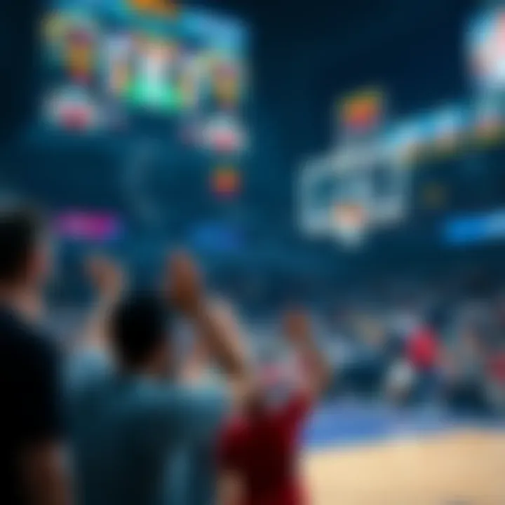 A basketball scoreboard showing two teams in a close game while fans cheer in the background, symbolizing betting excitement.