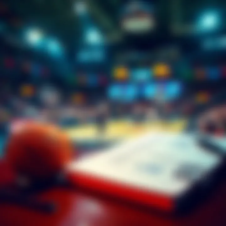 A basketball game in action with a focus on the scoreboard and players. A notebook with betting strategies is in the foreground.