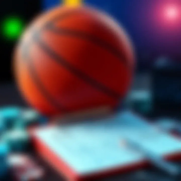 Basketball and Betting Strategy A basketball with betting chips and a clipboard featuring a strategy chart, symbolizing betting strategies for March Madness.