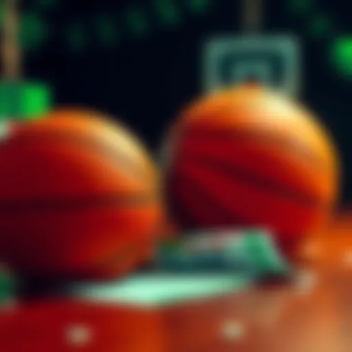 A close-up of a basketball and betting slip on a table, with green and gold colors in the background symbolizing luck and chance.