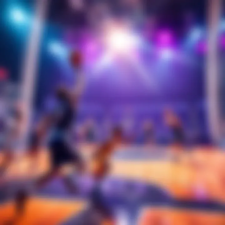 A basketball game in action with players dribbling and shooting on the court