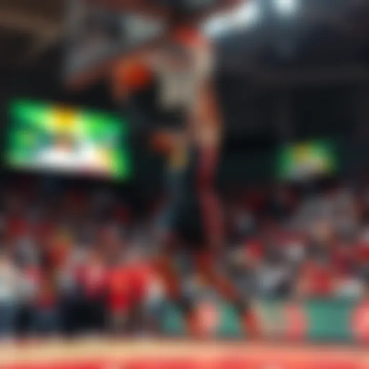 An athlete performing an impressive dunk in a competitive basketball match with fans cheering in the background.