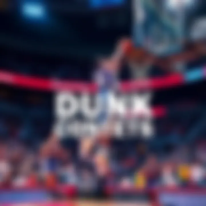 A basketball player attempting a dunk in a slam dunk contest setting, with a crowd cheering in the background.