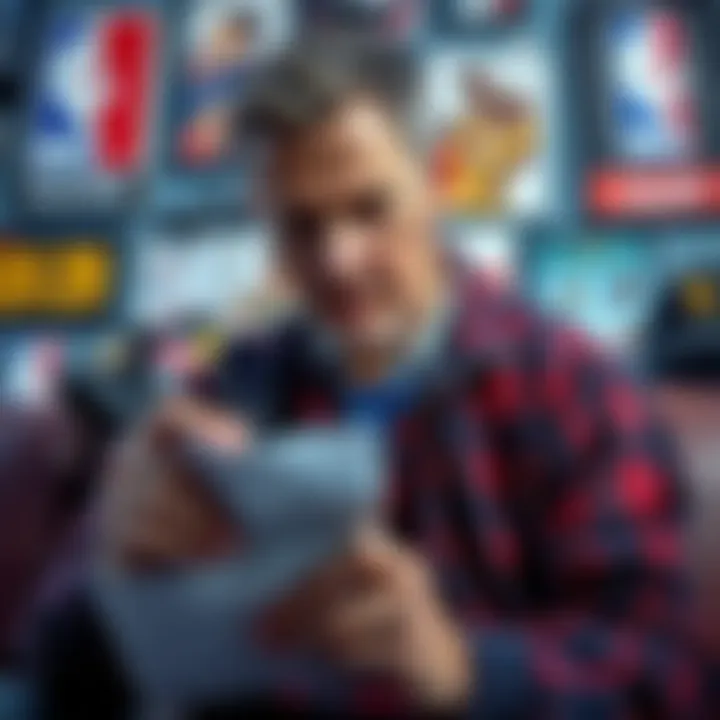 A basketball fan looks at his betting slip with a hesitant expression, surrounded by NBA memorabilia.