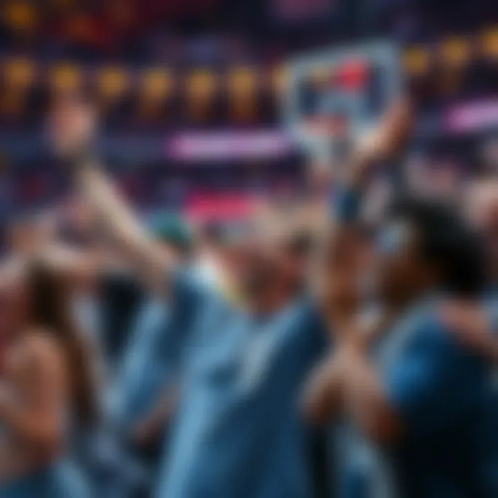Basketball Fans Celebrating Upsets Excited fans in a packed arena react to an unexpected NCAA Tournament upset, showing shock and joy.