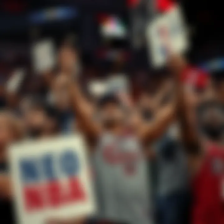 A crowd of enthusiastic basketball fans wearing team jerseys, cheering and holding signs, ready for the NBA season to start