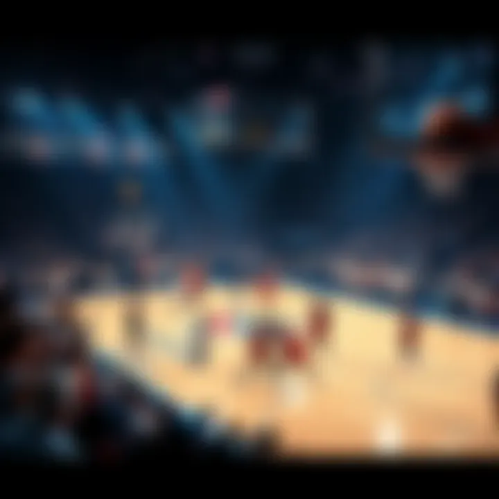 A crowded basketball court with players intensely competing, showcasing the excitement of the game and the betting atmosphere.