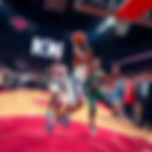 A thrilling basketball game scene showing the Knicks and Spurs in action, with players vying for the ball and cheering fans in the background, capturing the energy of Game 1.
