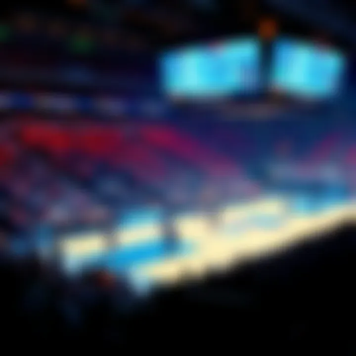 A packed crowd watching an intense college basketball game with fans cheering and players on the court.
