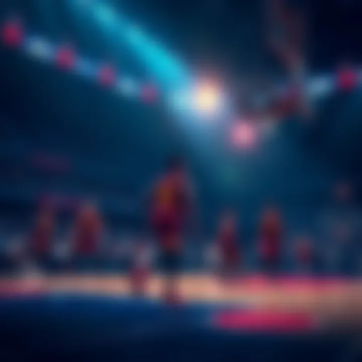 Players on the court during halftime, with fans cheering in the background, showcasing excitement and surprises in the game