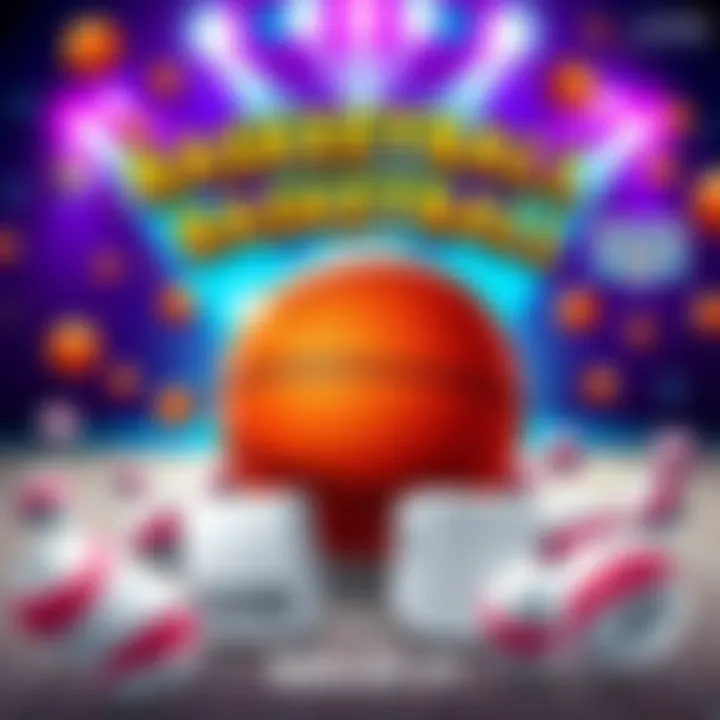 A colorful poster promoting the 8-leg basketball lotto with basketball graphics and event details.
