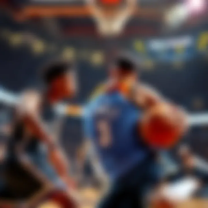 Two basketball players competing intensely during an overtime period of a game, with the scoreboard showing extra minutes and fans cheering in the background.