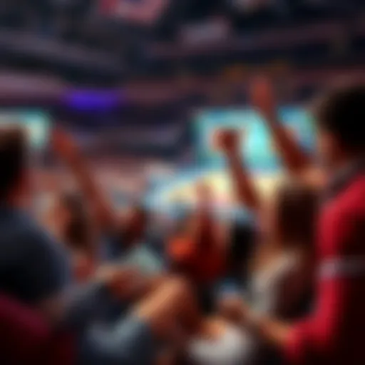 A group of friends cheering while watching a basketball game on TV, with sports betting apps open on their phones.