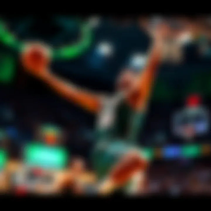 A basketball player from the Stars team making an impressive shot during a game in the finals, showcasing skill and determination.